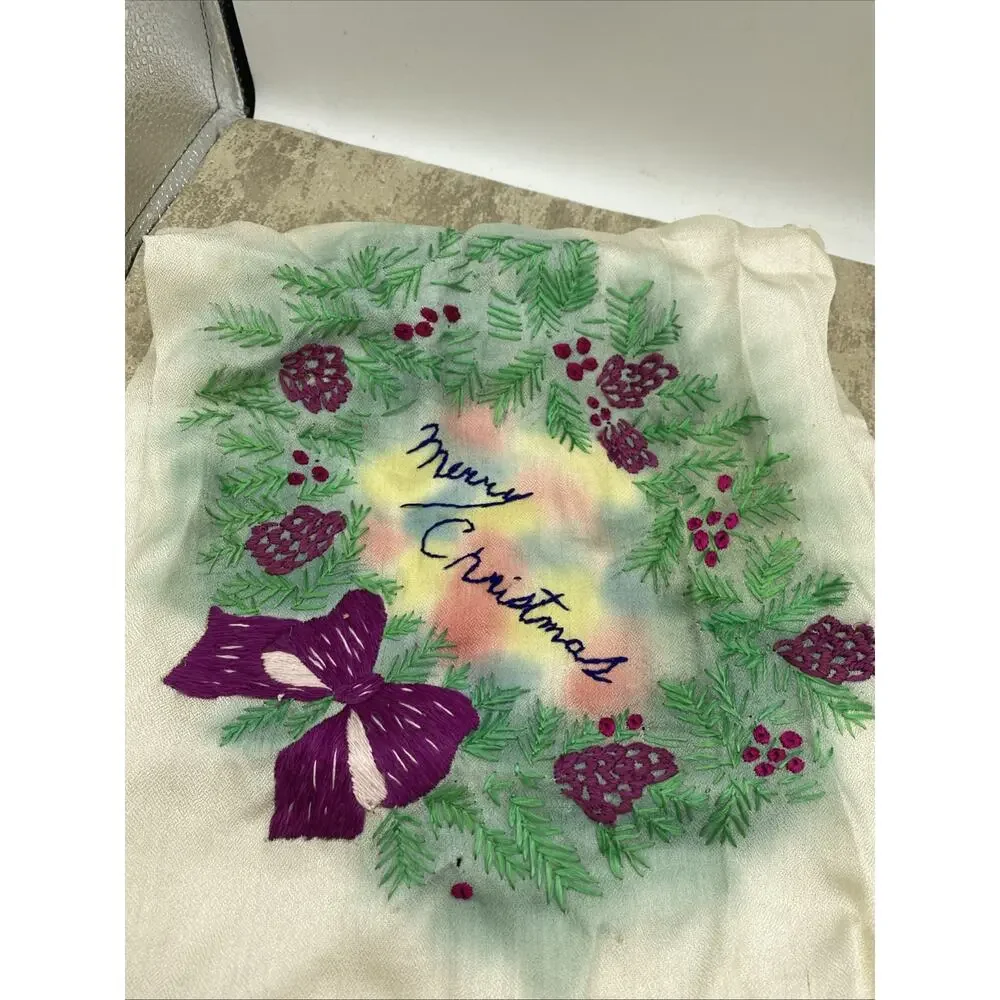 Antique Handmade Embroidered Christmas Scarf 27”X 27” Multicolored